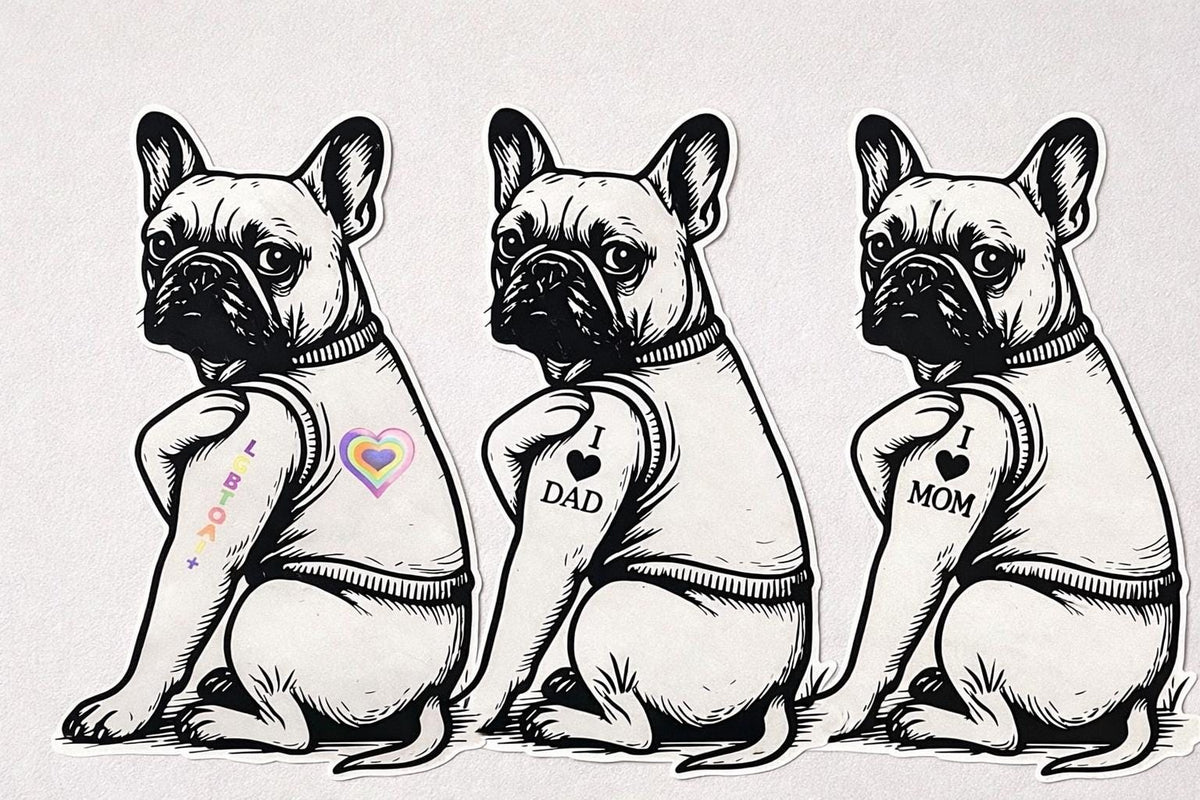 Französische Bulldogge Sticker Tattoo Style  I Love Mom Dad & LGBTQAI+  Vinyl Aufkleber Hund  Geschenk für Hundeliebhaber  Laptop Aut