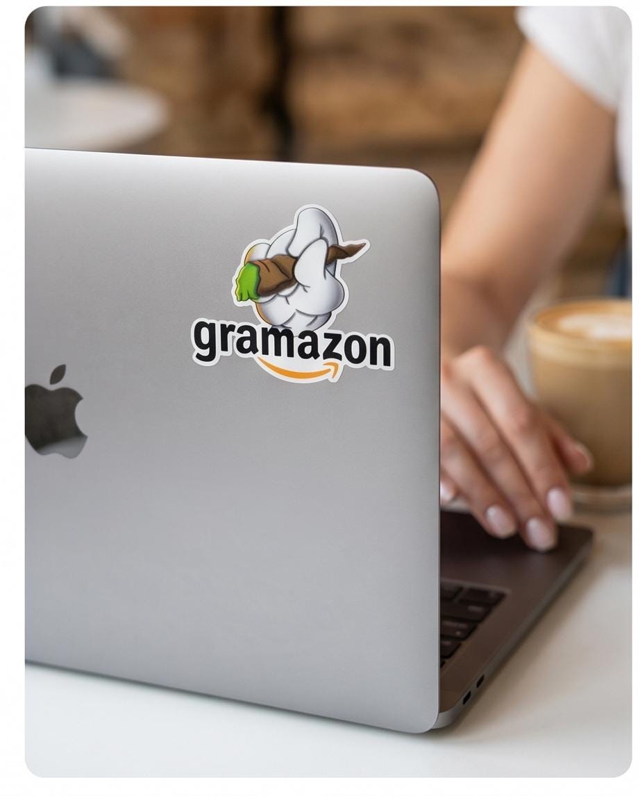 Gramazon Sticker  Lustiger Parodie Vinyl Sticker  Laptop Aufkleber  Kiffer Meme Decal  Wasserfest  Geschenk für Freunde  Gras