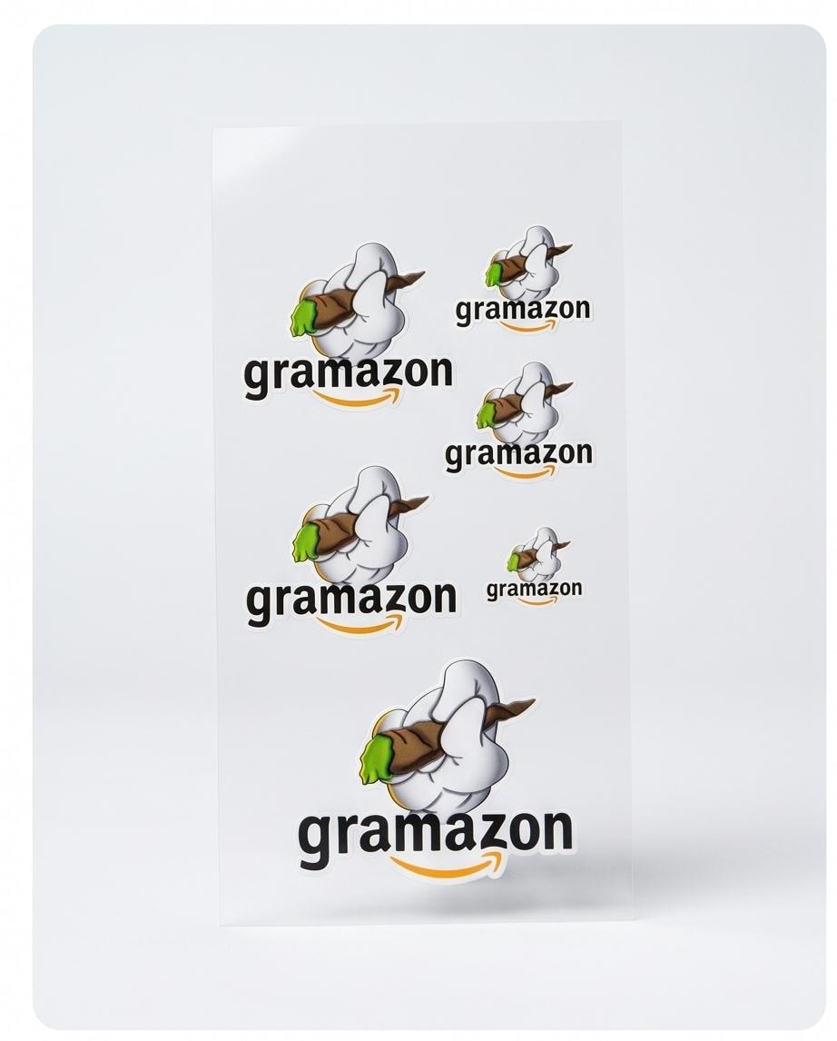 Gramazon Sticker  Lustiger Parodie Vinyl Sticker  Laptop Aufkleber  Kiffer Meme Decal  Wasserfest  Geschenk für Freunde  Gras