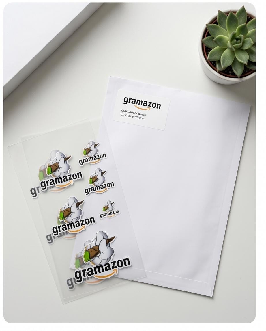 Gramazon Sticker  Lustiger Parodie Vinyl Sticker  Laptop Aufkleber  Kiffer Meme Decal  Wasserfest  Geschenk für Freunde  Gras