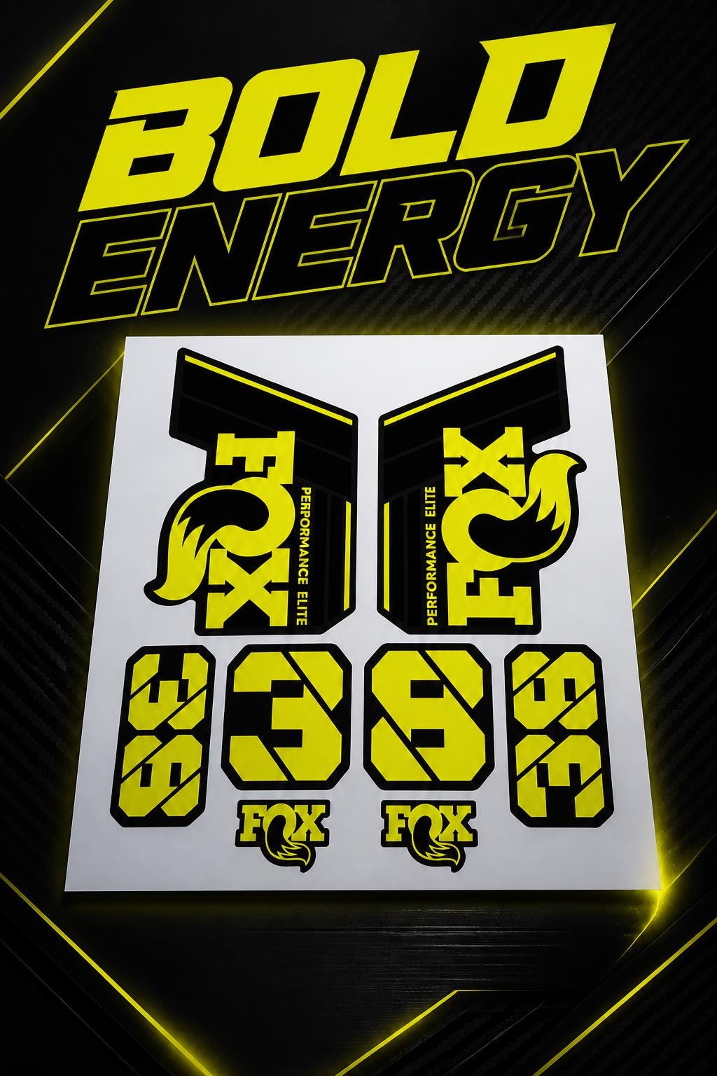 Custom Bike Decals | FOX 38 Performance Elite Aufkleber Set | MTB Federgabel Sticker Kit | Neon Gelb Schwarz |
