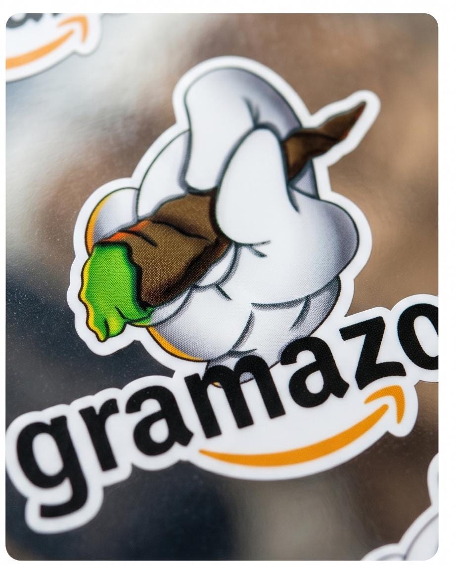 Gramazon Sticker  Lustiger Parodie Vinyl Sticker  Laptop Aufkleber  Kiffer Meme Decal  Wasserfest  Geschenk für Freunde  Gras