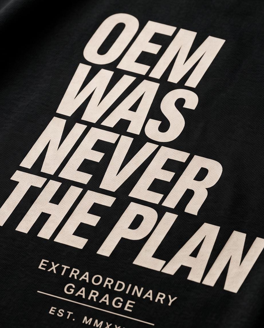 Oversized T-Shirt Herren  OEM Was Never The Plan | Streetwear Statement Shirt Schwarz | Car Enthusiast Tee 240gsm Heavyweight Cotton