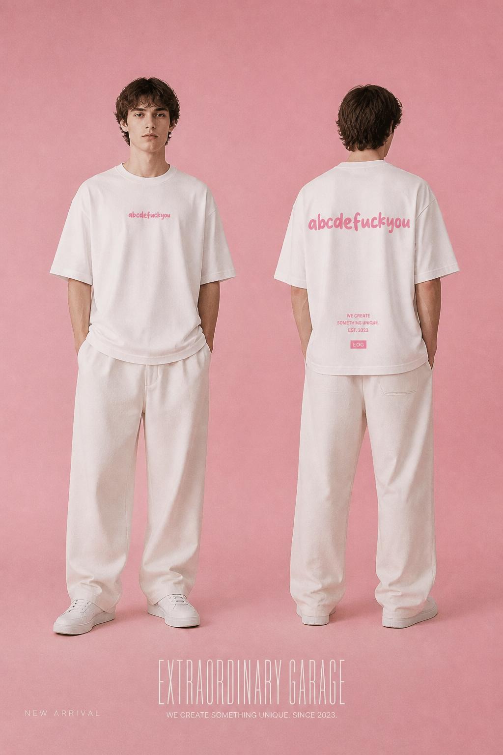 Funny Statement T-Shirt  ABC Alphabet Statement Tee Weiß | Pink Print Streetwear Shirt 240gsm Heavyweight Cotton